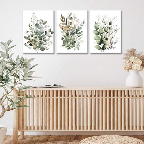 3 pièces Affiche murale sur canevas sans cadre, mettant en vedette de délicates illustrations botaniques dans des tons de vert apaisant avec des textures de feuilles et de tiges détaillées, parfait pour le salon, la chambre à coucher, le bureau, la décoration murale du bar