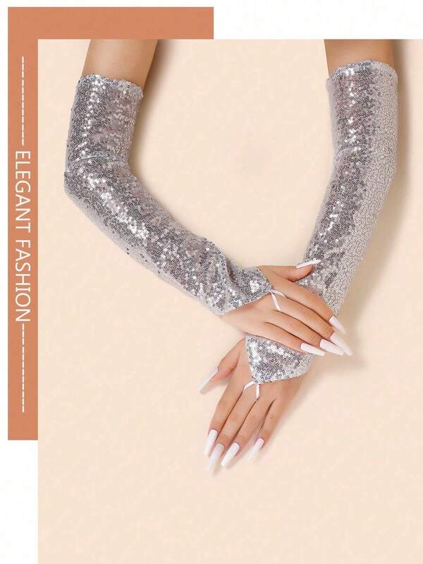 1 Pair Sequin Reflective Fingerless Long Gloves, Sexy Stage Party Performance Wear For Women Arm Warmers Autumn Fall Fashion