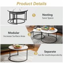 FXLTSBL 2 Pieces Side Table Set Round, Coffee Table Made Of Wood With Metal Frame, Modern Coffee Tables Nesting Tables For Living Room Bedroom - Black - View 3