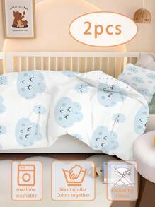 1/2pcs Set Reversible Cute Blue Cloud Baby Bedding Set - Soft Hypoallergenic Baby Crib Sheet & Duvet Cover Set With Smiling Face And Star Pattern, Essential For Children