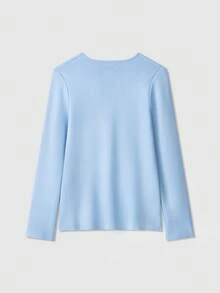 V-Neck Solid Color Casual Knit Sweater With Metal Buttons, Suitable For Spring/Autumn/Winter - Blue - View 2