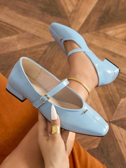 أحذية باليه ذات كعب سميك أنيقة وراحة للنساء، ذات أصبع مربع وحزام أزرق، مناسبة للحفلات والمناسبات والعطلات والنوادي الليلية، أحذية كعب سميك متعددة الاستخدامات