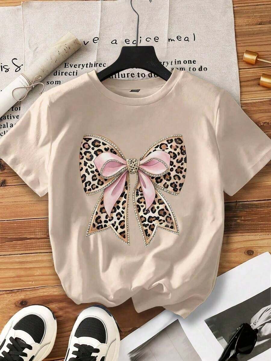 Women's Casual Leopard Print T-Shirt With Bow Design, Summer - Màu be - Xem 1