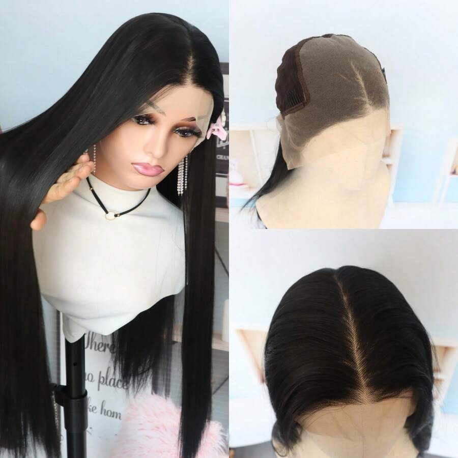 200% Density Wigs 28 Inch 13x6 HD Lace Frontal Wigs Long Straight Black Wigs Synthetic Heat Resistant Fiber Hair Wig Premium Natural Black Silk Straight 13*6 Hairpiece For Women With HD Transparent Lace Glueless Lace Natural Straight Wigs
