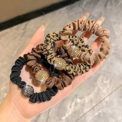4ชิ้น เซ็ตยางรัดผมลายเสือดาวสำหรับผู้หญิง - ยางรัดผมลูกบอล พลอยเทียม, ยางรัดผมผ้าซาติน, ยางรัดผมบัน, เหมาะสำหรับผมหนา, ผมบาง, ผมหยิก, แฟชั่นอเนกประสงค