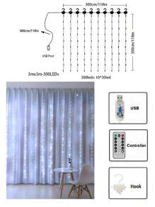 1 件 LED 铜线窗帘灯串 3*1 米 /3*2 米 /3*3 米 USB 遥控器带挂钩房间装饰灯氛围彩色灯串，情人节氛围装饰，适用于家庭、派对、节日、婚礼、生日、乡村、节日、季节性装饰、新年、春节 - 白色 - 查看 20