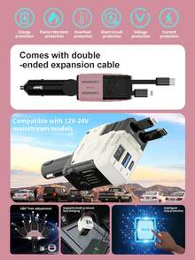 W&O 4 In 1 Retractable Car Fast Charger In Mech-Style 65W Charger Car Charger With Retractable Cablea And Multi-Port Usb C Holiday Gifts,Car Essential,Room Decor,Compatible With Iphone,Halloween Gift,Fast Charger - 粉色 - 查看 9