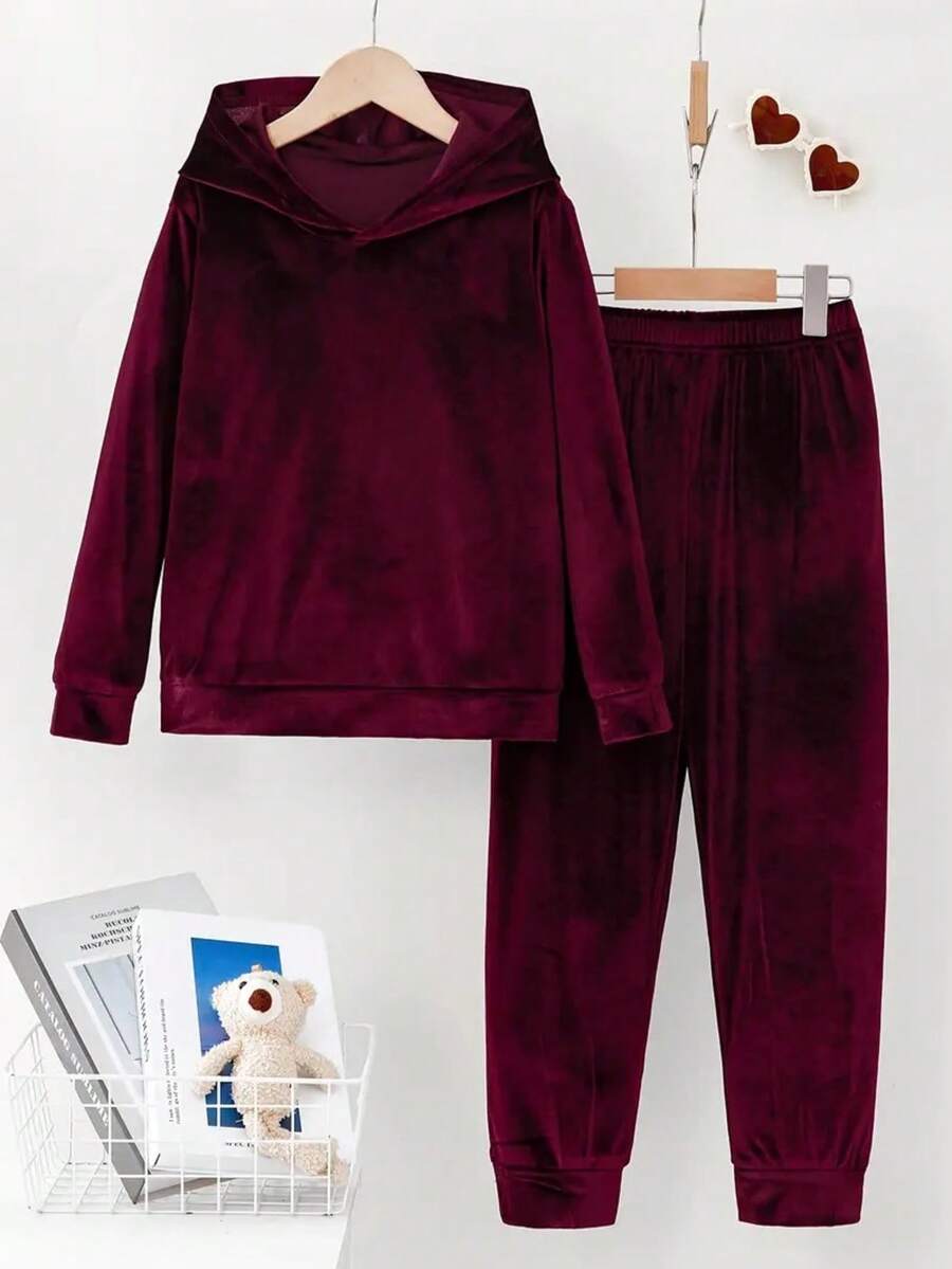 Conjunto de sudadera con capucha y pantalones con cordón de unicolor casual para mujer - Burdeos - Ver 1