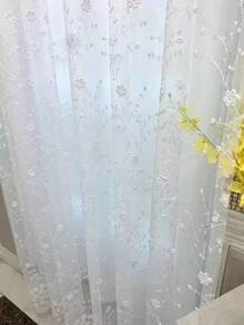 1 件套田园风格刺绣薄纱窗帘，精致碎花牛奶丝，花束，法式花卉透明窗帘，适用于客厅、卧室、阳台、飘窗 - 白色 - 查看 5