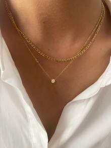 不锈钢防水不褪色费加罗链项链，配单钻吊坠，双层颈链，适合女士日常佩戴 - 金色 - 查看 1