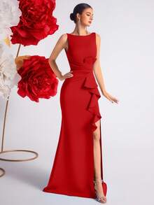 ADYCE Women High Waist Pleated Ruffle Trim Open Back Party Ball Gown Formal Dress,For Prom, Party,Cocktail Party,Date Night,Wedding Guest,Christmas Party Dress