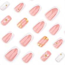 Spring French Press On Nails Medium Square White Fake Nails 3D Pink Flower Nail Press Ons With Gold Pearl Design Gold Nail Tip False Nails Summer Stick On Nails Full Cover Ue On Nails For Women-0345 - Vàng-2 - Xem 3