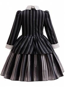 女学生学院制服服装条纹连衣裙假发+袜子3件套服装套装儿童万圣节狂欢节角色扮演生日派对儿童化装舞会 - 黑色 - 查看 4