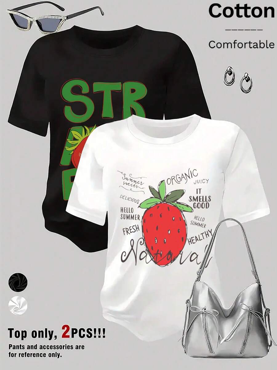 Cartoon strawberry pattern and alphabet slogan print describing strawberries,Casual Round Neck Short Sleeve T-Shirt,Oversize Loose Comfortable Cotton Blend Suitable For Summer Getaway,Unisex Solid Color Multi piece Tees Set .For Women Andfit，couples out out， - 白色+黑色 - 查看 1