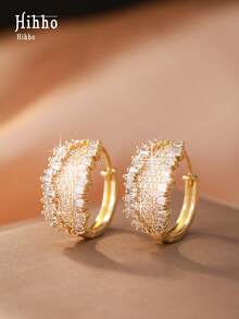 Hihho 1 Pair Shiny Sapphire Blue And White Zirconia Embedded Geometric Hoop Earrings, Fashion Elegant Personal Accessory, Suitable For Women's Daily Wear And Party/Holiday Gift - Earrings - View 18