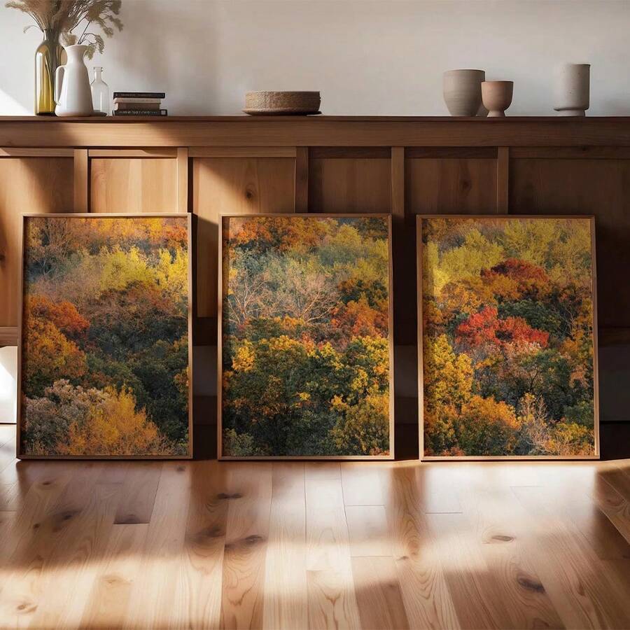 1/3PCS Colorful Autumn Foliage Print Set, Triptych Fall Photography, Bright Tree Tops Poster, Set Of 3 Prints, Rustic Home Decor, Fall Aesthetic