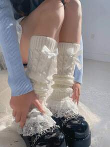 1 Pair Women's White Lolita Bow Lace Trim Flat Leg Warmers 0CWF - White - 查看 8