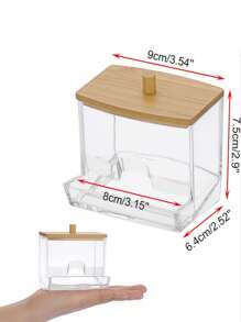 1 حامل أعواد القطن من الأكريليك مع غطاء من البامبو، موزع أعواد القطن الصغيرة الشفافة، حامل أعواد الأذن البلاستيكية، حاوية تخزين أعواد الأسنان، منظم تخزين ديكوري لأعلى الحمام