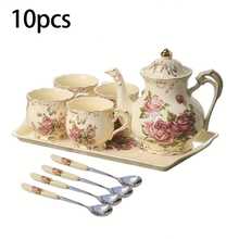 Juego de té de porcelana con rosas vintage, tazas de té con tetera, bandeja de servir y cucharitas, servicio para 4 personas, adecuado para regalos de fiestas de té - Multicolor - Ver 9