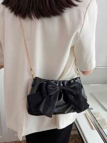 Bolso de hombro con cadena plisada y decoración de lazo - Negro - Ver 5