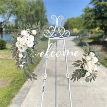 2件組人造婚禮花拱裝飾－逼真白色玫瑰與尤加利綠植搭配銅色飾邊，耐用人造花藝組合，適用於婚禮拱門、歡迎牌、儀式背景、可重複使用新娘花束、活動裝飾 - 彩色 - 查看 4