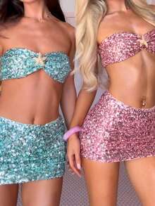 Women Sequin Sparkly Mini Skirt Set Y2K Starfish Shiny Bra Tops And Low Rise Bodycon Mini Skirt Set Summer Glitter Going Out Club Suit - 綠色 - 查看 7