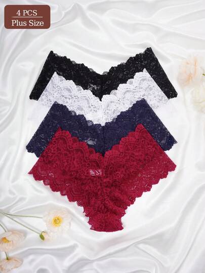 4 piezas/paquete Bragas de bikini con encaje sexy para mujer talla grande