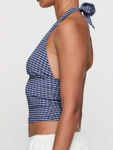 Women's Halter Neck Vest Summer Sleeveless Open Back  Plaid Party Tank Tops - 藏青色 - 查看 3