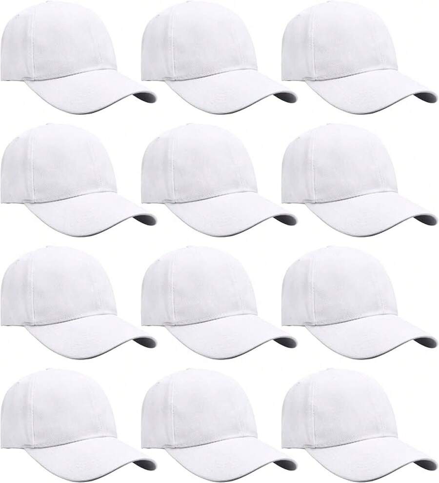 Bulk Lot 12-Pack Adjustable Size Plain Blank Solid Color Baseball Caps - White - View 1
