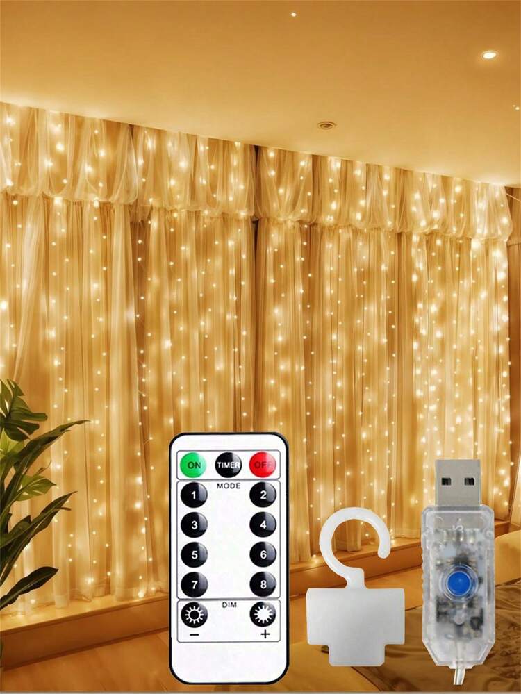 1 件 LED 铜线窗帘灯串 3*1 米 /3*2 米 /3*3 米 USB 遥控器带挂钩房间装饰灯氛围彩色灯串，情人节氛围装饰，适用于家庭、派对、节日、婚礼、生日、乡村、节日、季节性装饰、新年、春节 - 白色 - 查看 1