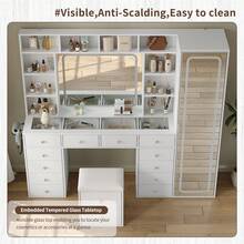 FUSOU Vanity Desk Full Length Mirror & LED Mirror With Power Outlet, Makeup Vanity 14 Drawers & 10 Shelves, Hidden Storage Capacity, Dimmable & 3 Color Lighting Dressing Table For Bedroom, White - 查看 4