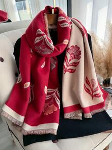 1pc Floral Jacquard Knit Faux Cashmere Warm Scarf/Wrap For Women, Versatile Fashion Accessory For Autumn/Winter, Suitable For Decoration For Dress - Red - View 2