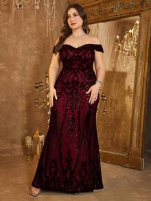 UNITHORSE Plus Size Women Off Shoulder Backless Dress, Glitter Sequins Decoration, Elegant Evening Party Dress, Bride Dress, Birthday Outfits, Graduation Dress, Formal Dress, Fall Women Clothes - 酒紅色 - 查看 3