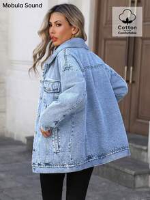 百搭休闲运动时尚女士夹克，春秋冬保暖内衬蓝色 Y2K 学生学院年轻风格牛仔布