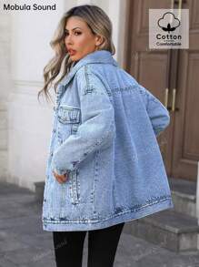 Versatile Casual Sports Fashionable Women's Jacket, Spring Autumn Winter Warm Lined Blue Y2K Student College Young Style Denim