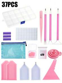 18/29/56件套DIY钻石画工具及配件套装，适合儿童和成人，包含完整的钻石画工具、钻石绣盒、钻石画笔、镊子、胶水、钻石修正工具及其他钻石画配件。 - 彩色 - 查看 16