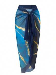 Women's One-Piece Swimsuit With Cover-Up Set Beach Wrap Dress Multi-Color Gradient Print Women's Swimsuit (Tummy Tuck) - 寶藍色 - 查看 5