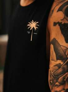 男士简约印花圆领无袖背心 - 黑色 - 查看 5