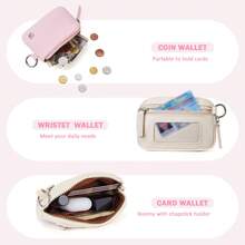 POIUGOYA Keychain Wristlet Wallet, Zip Around Dual Pouch Wristlet Portable, Nylon Secure Coin Purse Small Wallet With Key Ring, Fashion Women's Cute Wallet With RFID, Identification Window - Pink & Beige - View 3