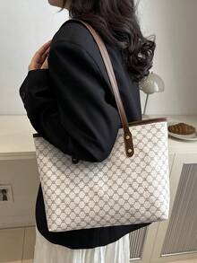 新款复古花卉印花女士托特包，大容量超轻铆钉装饰，适合通勤、购物、办公室、大学 - 白色 - 查看 4