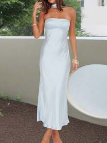 Summer Dresses For Women Vintage Maxi Dress Elegant Bodycon Dress Stylish Solid Color Satin Long Dress Fashionable Open Back Strapless Sleeveless Party Dress Cocktail Party Dress Daily Clothes Streetwear Aesthetic Clothes - Màu xanh nhạt - Xem 2