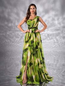 YISIKADO 女士无袖扎染印花度假连衣裙 - 橄欖綠 - 查看 2