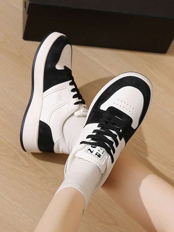 Women's Korean Style Minimalist Color Block Sneakers, New Low-Top Lace-Up Casual Daily Wear White Shoes, Fashion, Non-Slip & Durable