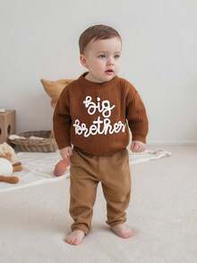 Toddler Boys Knitted Jumper Big Bro Letter Embroidery Round Neck Pullover Sweater Baby Warm Knit Tops Pullover Knitwear - 棕色栗黃 - 查看 4