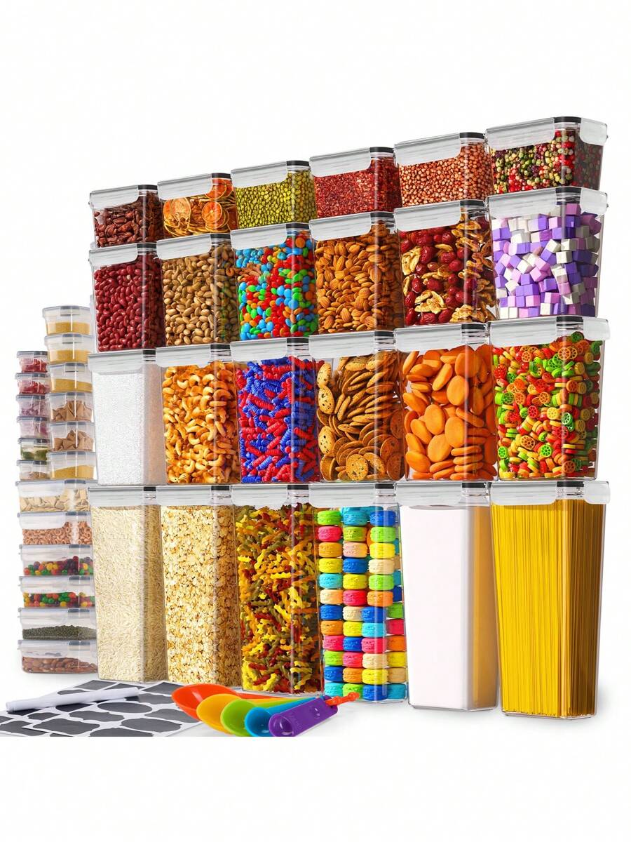 Set 42 recipiente hermético contenedor alimentos almacenar transparentes, organizadores cocina apilables juego multiusos plástico resistente, gran capacidad - Blanco - Ver 1