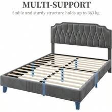 4ft6 Double Upholstered Bed Frame With Adjustable Button Tufted Headboard Veet Fabric Sturdy Wooden Slat Port No Box Spring Needed Dark Grey - DarkGrey - View 9