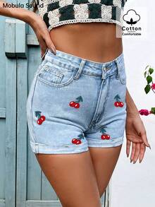Mobula Sound Women's Casual Cherry Embroidery Design Fresh Pattern Music Festival Student Summer Denim Roll Up Hem Shorts - Blue - View 4