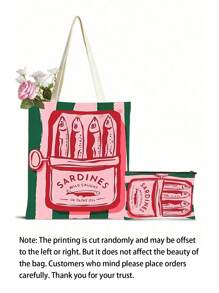 女士可重复使用手提袋、手提包和化妆包套装 - 色彩缤纷的简约粉绿条纹沙丁鱼罐头印花涤纶购物袋，固定肩带设计，适合海滩、野餐、购物和食品收纳