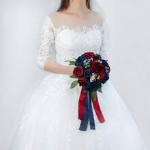 Dusty Blue Wedding Bouquets For Bride Bridesmaid, White Wedding Artificial Roses Flowers For Wedding Bouquets Ceremony, Anniversary - Burgundy & Navy Blue - View 4