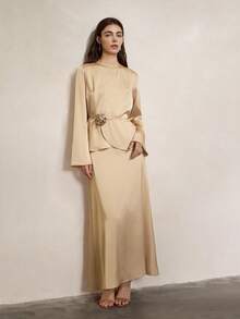 Women's Elegant Waist Floral Decor Patchwork Top And A-Line Midi Skirt 2-Piece Set